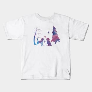 Beagle Dog Winter Scene With Snowflakes Kids T-Shirt